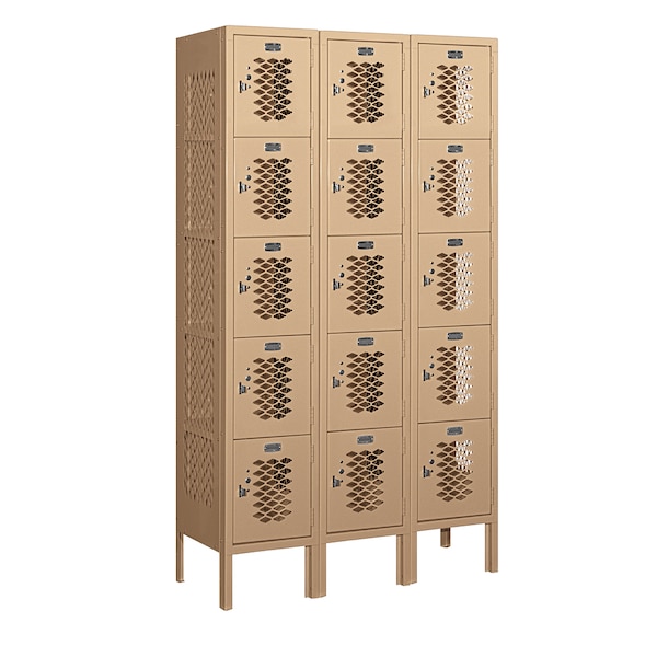 5 Tier Box Vented Locker, 36"Wx66"Hx12"D, 15 Door, Tan, Unassembled